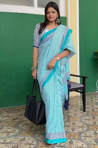 blue striped pure cotton leheriya saree