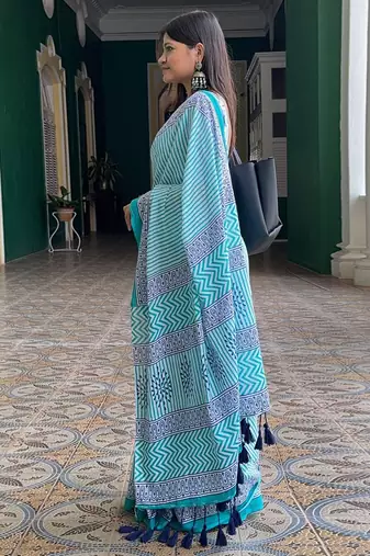 blue striped pure cotton leheriya saree