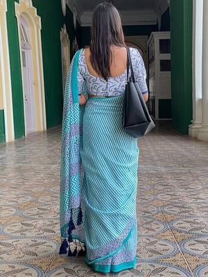 blue striped pure cotton leheriya saree 4