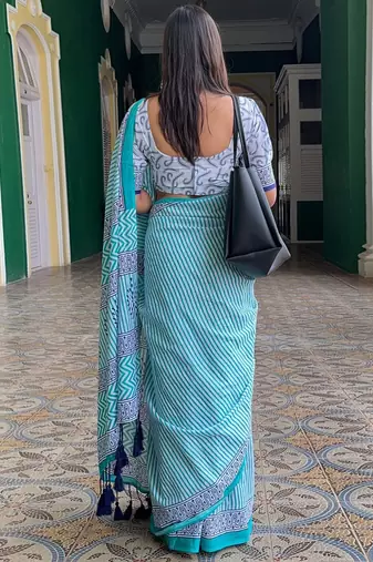 blue striped pure cotton leheriya saree