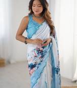 turquoise floral printed mirror work pure chiffon saree with blouse