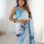 turquoise floral printed mirror work pure chiffon saree with blouse