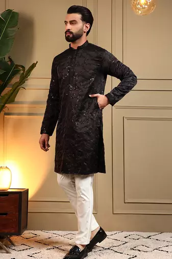 Cream royal silk embroidery sequence work premium designer only kurta