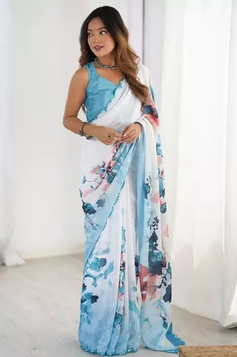 turquoise floral printed mirror work pure chiffon saree with blouse