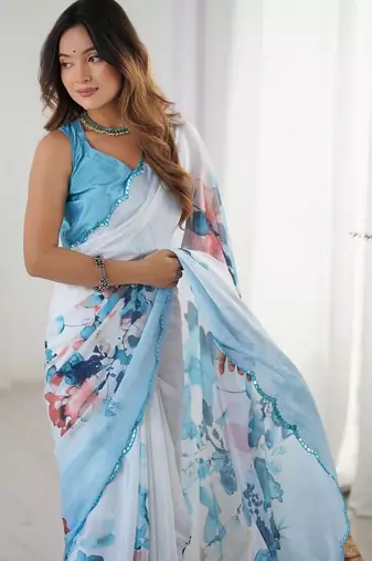 turquoise floral printed mirror work pure chiffon saree with blouse