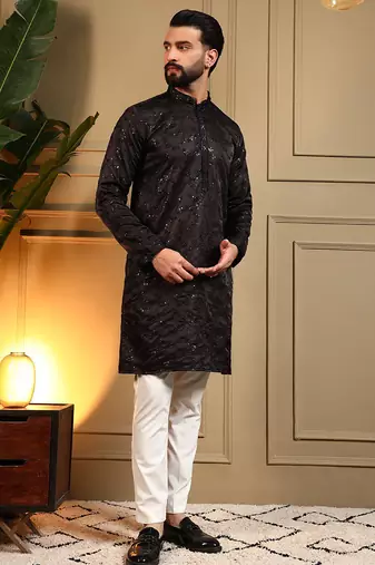 Cream royal silk embroidery sequence work premium designer only kurta