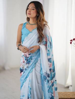 turquoise floral printed mirror work pure chiffon saree with blouse 5