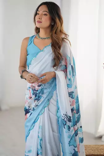 turquoise floral printed mirror work pure chiffon saree with blouse