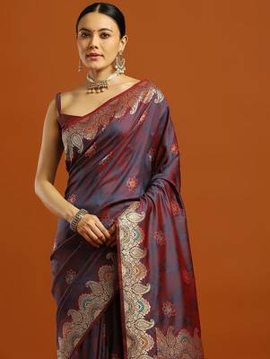 maroon ethnic motifs woven design zari banarasi saree with blouse 1