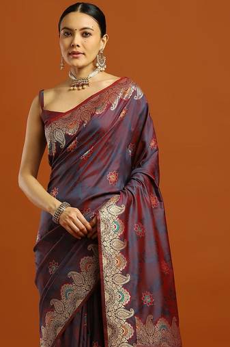 maroon ethnic motifs woven design zari banarasi saree with blouse