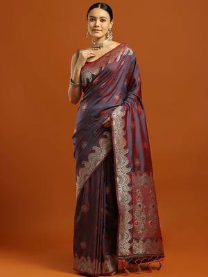 maroon ethnic motifs woven design zari banarasi saree with blouse 2