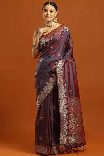maroon ethnic motifs woven design zari banarasi saree with blouse