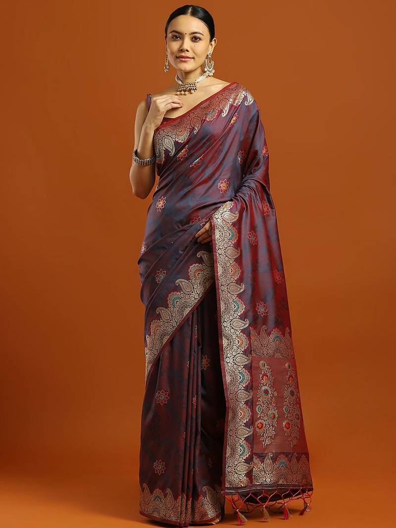 maroon ethnic motifs woven design zari banarasi saree with blouse