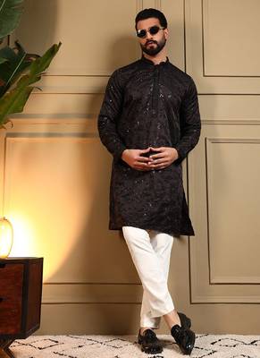 Cream royal silk embroidery sequence work premium designer kurta pajama 1