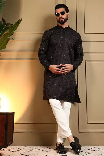 Cream royal silk embroidery sequence work premium designer kurta pajama