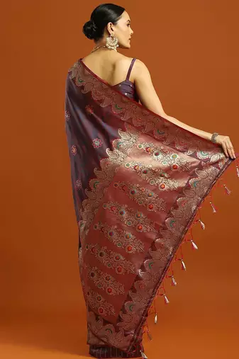 maroon ethnic motifs woven design zari banarasi saree with blouse