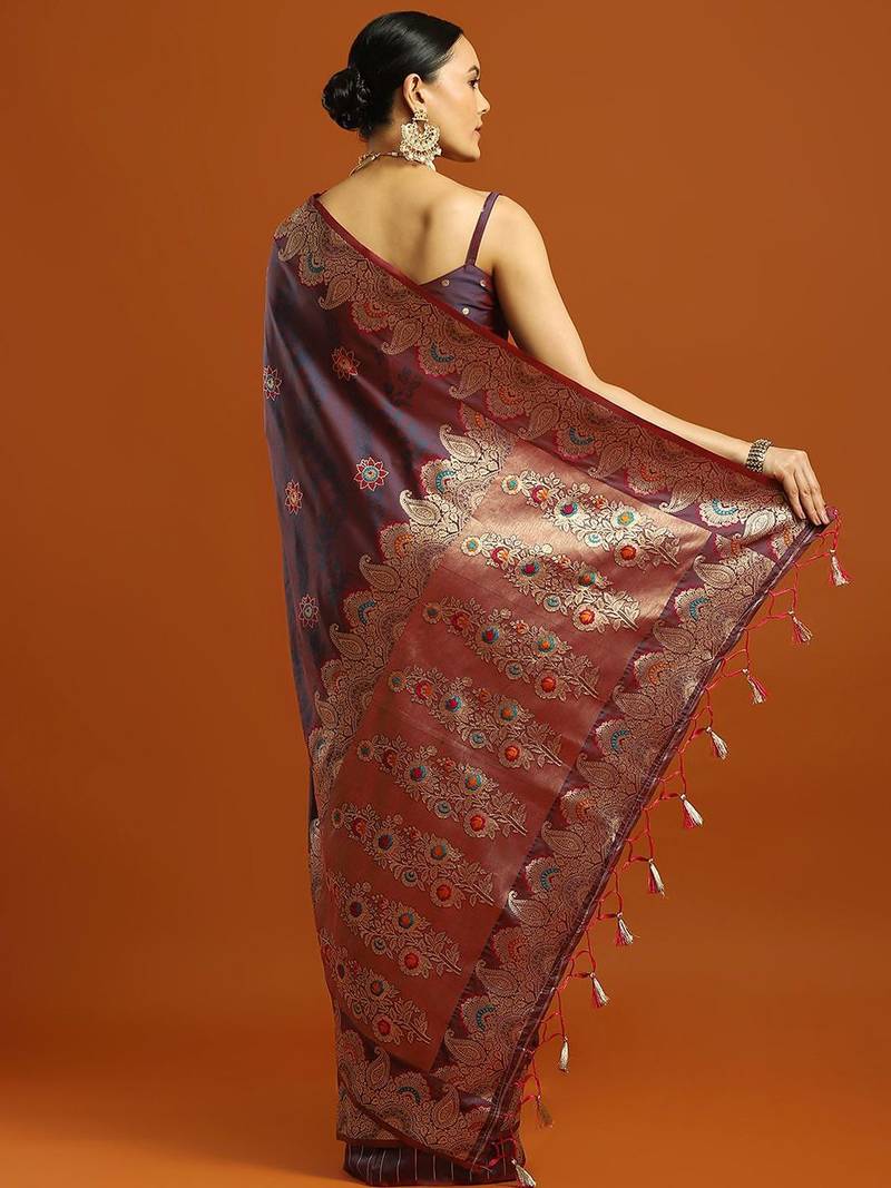maroon ethnic motifs woven design zari banarasi saree with blouse