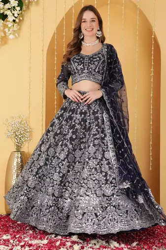 Deep Blue Double Net Hand Embroidered Lehenga Set