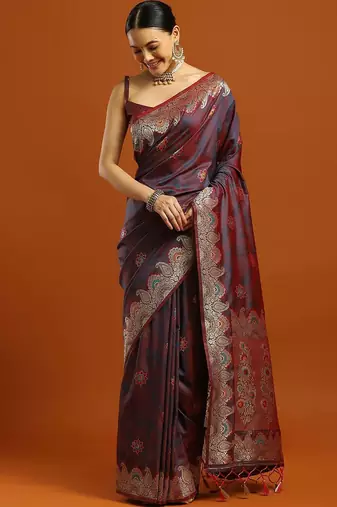 maroon ethnic motifs woven design zari banarasi saree with blouse