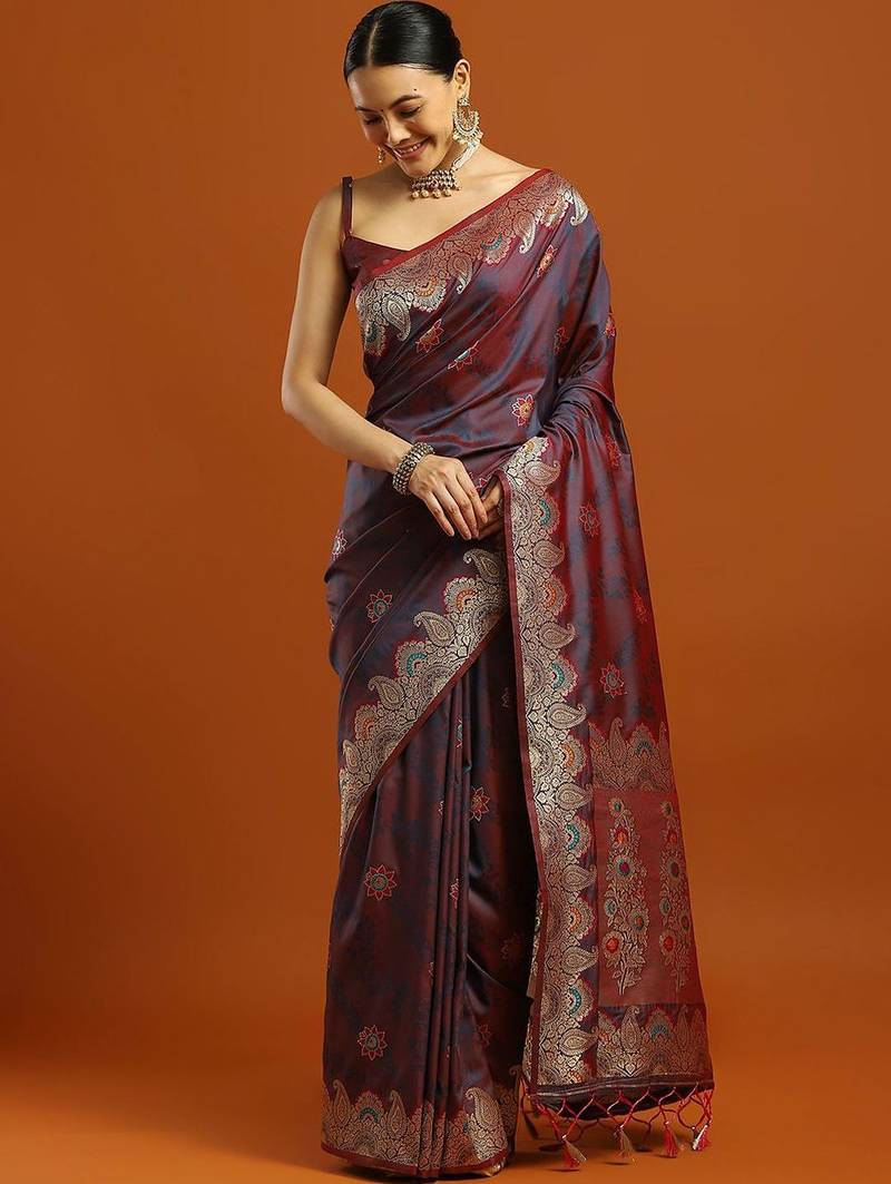 maroon ethnic motifs woven design zari banarasi saree with blouse