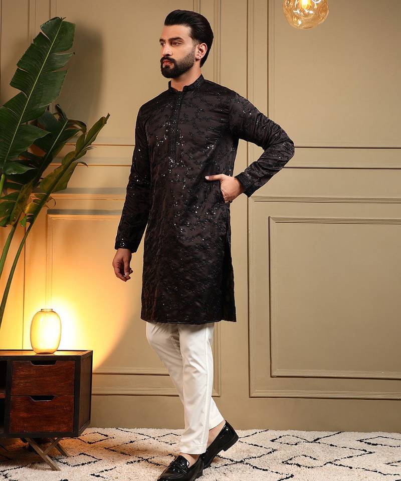Cream royal silk embroidery sequence work premium designer kurta pajama