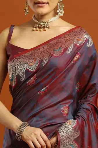 maroon ethnic motifs woven design zari banarasi saree with blouse