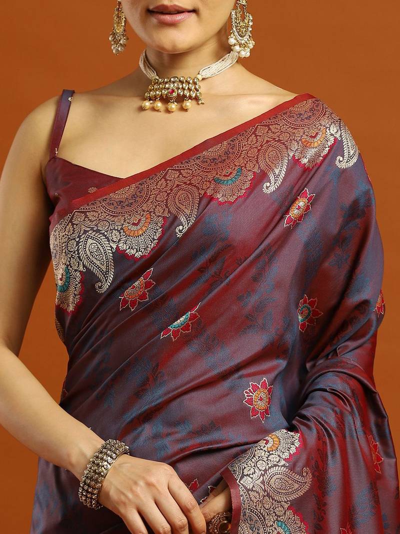 maroon ethnic motifs woven design zari banarasi saree with blouse