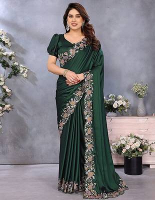 green ethnic motifs embroidered satin saree 1