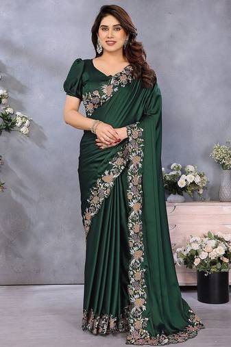 green ethnic motifs embroidered satin saree