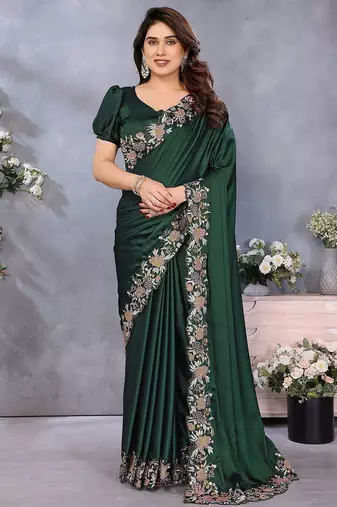green ethnic motifs embroidered satin saree