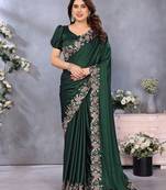 green ethnic motifs embroidered satin saree