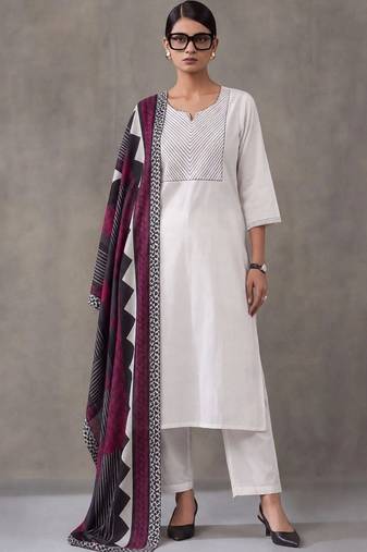 women embroidered thread work cotton kurta with trousers & with dupatta