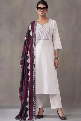 women embroidered thread work cotton kurta with trousers & with dupatta