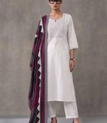 women embroidered thread work cotton kurta with trousers & with dupatta