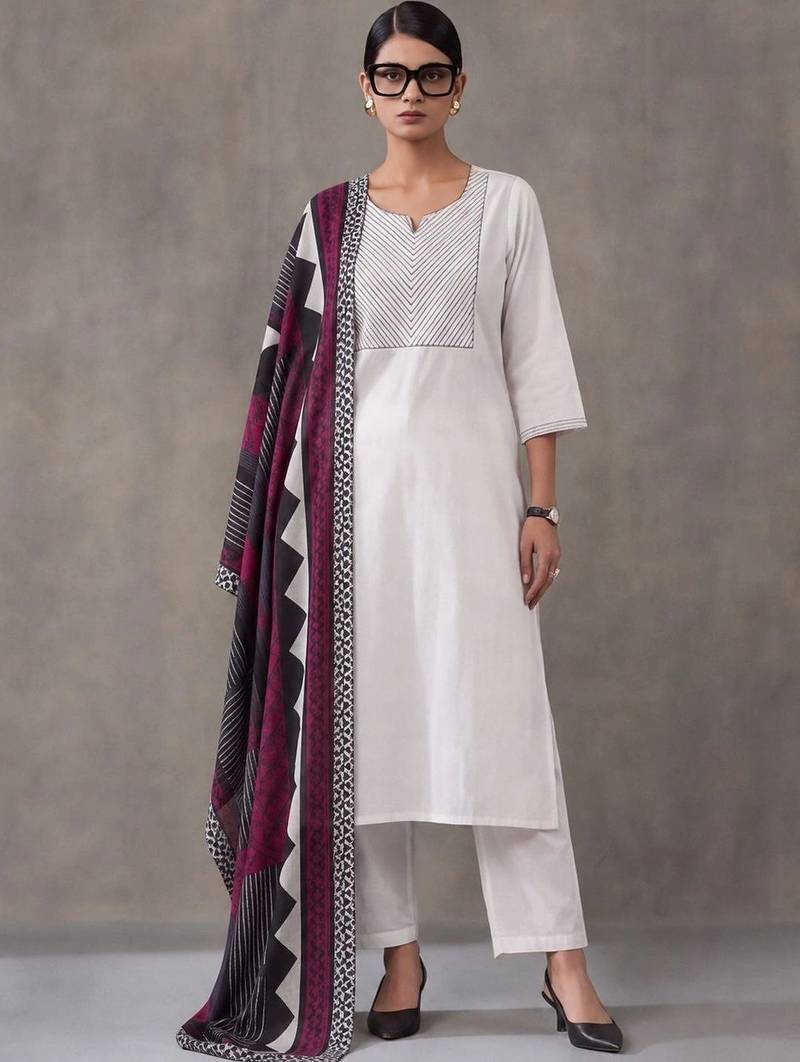 women embroidered thread work cotton kurta with trousers & with dupatta