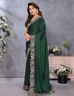 green ethnic motifs embroidered satin saree 2