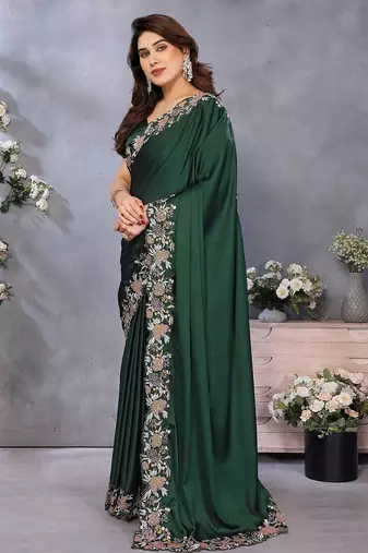 green ethnic motifs embroidered satin saree