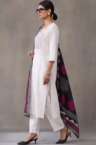 women embroidered thread work cotton kurta with trousers & with dupatta