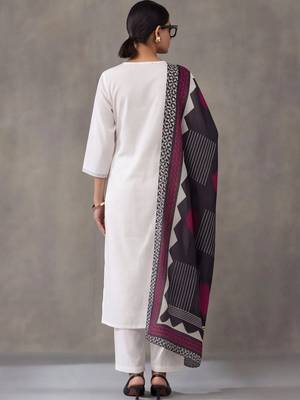 women embroidered thread work cotton kurta with trousers & with dupatta 3