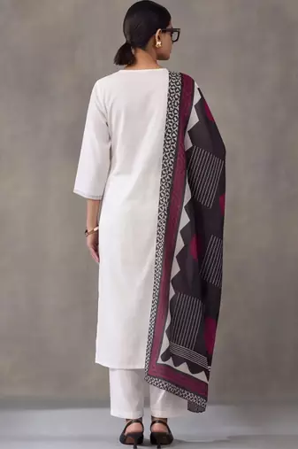 women embroidered thread work cotton kurta with trousers & with dupatta