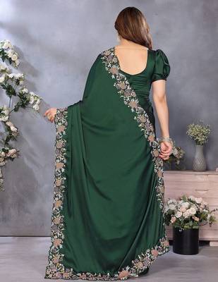 green ethnic motifs embroidered satin saree 3