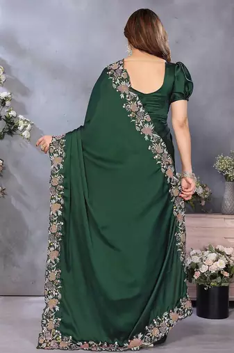 green ethnic motifs embroidered satin saree