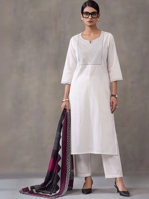 women embroidered thread work cotton kurta with trousers & with dupatta 7