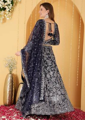 Deep Blue Double Net Hand Embroidered Lehenga Set 3