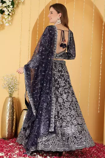 Deep Blue Double Net Hand Embroidered Lehenga Set