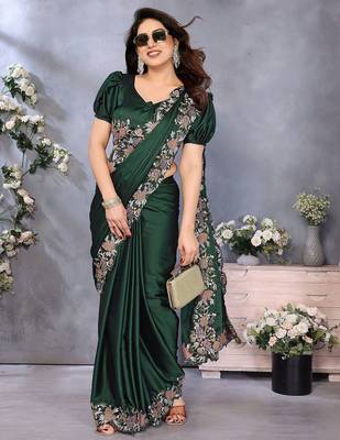 green ethnic motifs embroidered satin saree 4