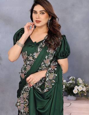 green ethnic motifs embroidered satin saree 5