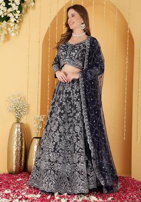Deep Blue Double Net Hand Embroidered Lehenga Set 4