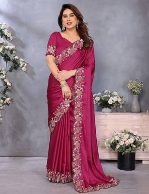 pink floral embroidered satin saree 1