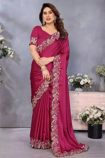 pink floral embroidered satin saree